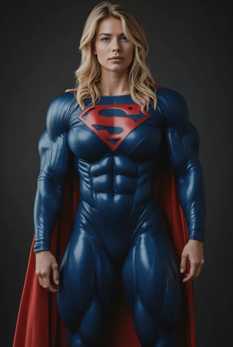 SUPERGIRL TRYING-ON HER GLOSSY BLUE SUPER SUIT FOR THE VERY FIRST TIME (((her super suit is stretched to its limits, by her gigantic bulging muscles))) (hypermuscle:1.3). she is in a dark alley. in awe of her new look (((her muscles are massive, bulging an...
