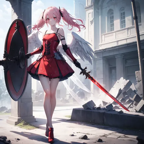 ((Angel girl with sword and shield)), High-quality, masterpiece, delicate hair, intricate eyes, high resolution, exceptional detail, photo-realistic, ((a single girl, full-body depiction, cute girl, beautiful girl, long pink hair, twin-tails, red eyes, ang...