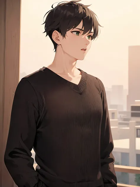 side angle, (looking away:1.5), masterpiece, best quality, Japanese manga style, upper body, walking, (25 year old male: 1.5) and (short brown hair) and (green eyes), BREAK (balck) and (V-neck cable knit sweater) BREAK sirious, open mouth, sky, alone,
