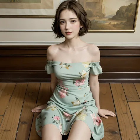 361 (20 year old female),(short hair), ( High Definition Photos ), (gentle smile sitting on the prop), (colorful floral dress), (Leonardo da Vinci Paintings)