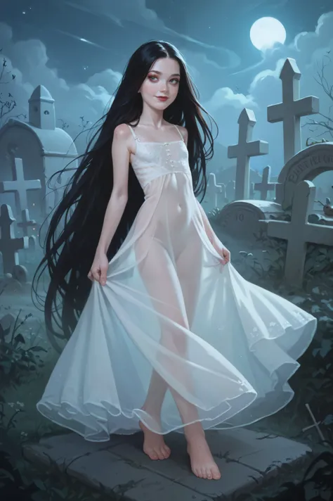 Two hot age girls, straight black hair,  Very long hair, freckles, long transparent dress, detailed ribs,  flat breasted, full body, small bare feet, red lips, eyeliner,  smile, cemetery, night, developpe