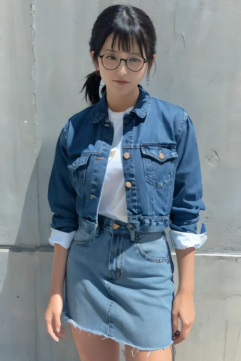 full body、Glasses、denim skirt、low ponytail、bangs、WhiteT shirt、SMALLE BREASTS、 No Background