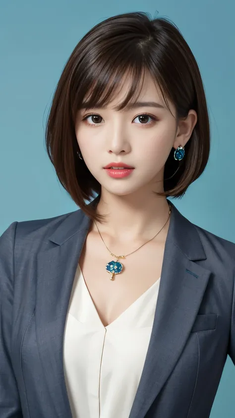 RAW Photos, High resolution, Very detailed, Intricate details, 、ear piercing、、short hair、Black Hair、Expressionless、 Office Lady Suits 、Necklace around the neck、, The background is the office
