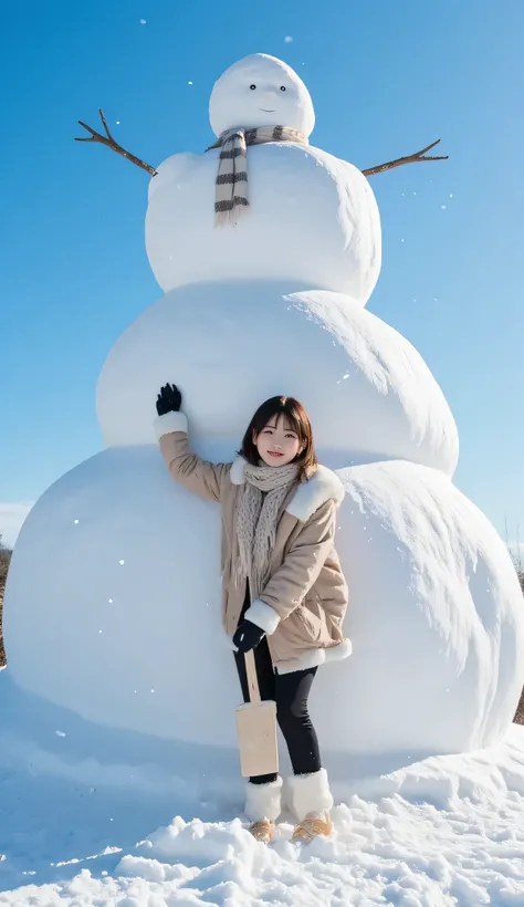 A young Japanese woman is joyfully shoveling snow under a clear blue winter sky, her face glowing with a bright, cheerful smile. Dressed in a warm, stylish winter outfit, including a cozy knit scarf, thick jacket, and fluffy gloves, she radiates warmth des...