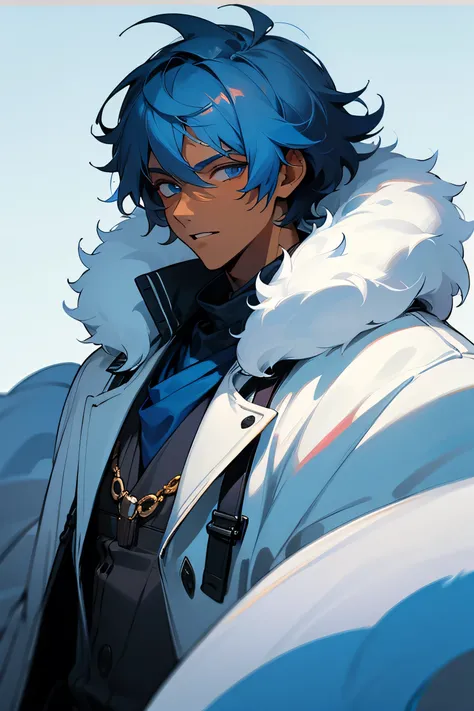 1male, adult, finely detailed, blue eyes, dark skin tone, caramel skin tone, (messy medium hair), light blue hair , muscular, White Fur Puffer Overcoat, winter clothing, goofy expression, (perfect generation), amazing quality, detailed background, perfect ...