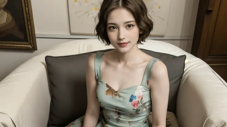 361 (20 year old female),(short hair), ( High Definition Photos ), (gentle smile sitting on the prop), (colorful floral dress), (Leonardo da Vinci Paintings)