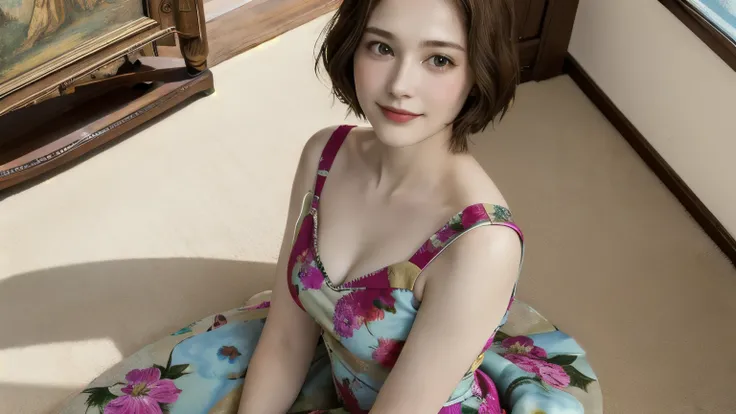 361 (20 year old female),(short hair), ( High Definition Photos ), (gentle smile sitting on the prop), (colorful floral dress), (Leonardo da Vinci Paintings)