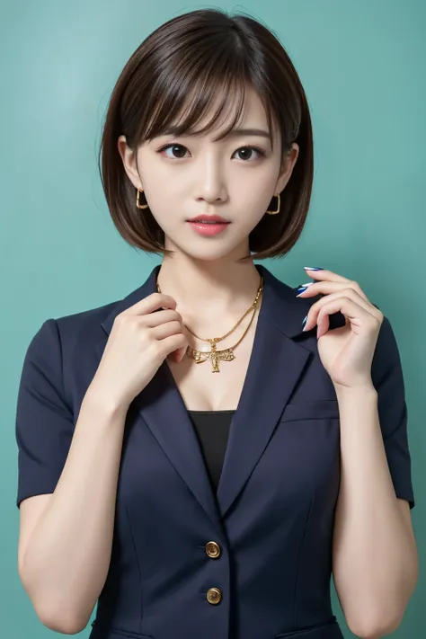 RAW Photos, High resolution, Very detailed, Intricate details, 、ear piercing、、short hair、真っ黒な髪、Expressionless、 Office Lady Suits 、Necklace around the neck、, The background is the office
