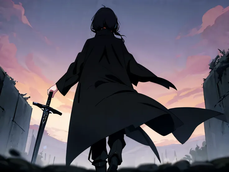  anime style、night、 one woman（ back view、 Wear a Black Cloak 、My hair is fluttering、black slim pants、long boots）、Carrying a sword