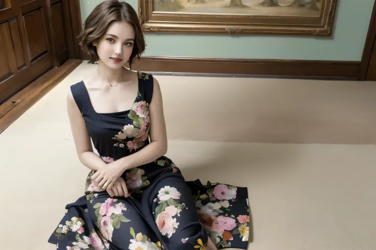 361 (20 year old female),(short hair), ( High Definition Photos ), (gentle smile sitting on the prop), (colorful floral dress), (Leonardo da Vinci Paintings)