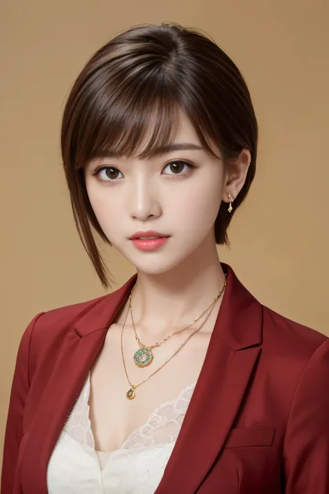 RAW Photos, High resolution, Very detailed, Intricate details, 、ear piercing、、short hair、 pale brown hair、Expressionless、 Office Lady Suits 、Necklace around the neck、, The background is the office

