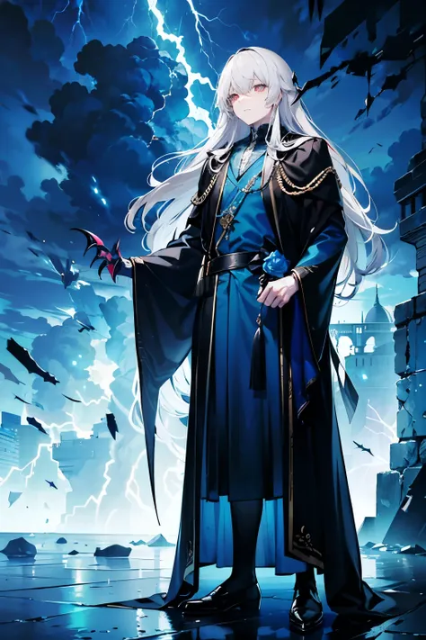  tall man. Long gray hair and small stubble. Eyes the color of a stormy sky. Dressed to the floor in a dark blue royal robe. Lightning strikes all around him. Dark blue long claws on his arms.