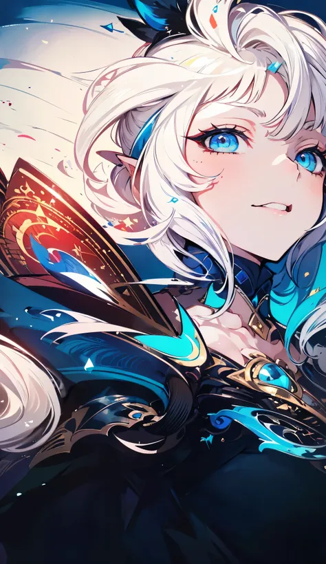 deathblood,night, dark, (Fantasy),Infinite,deep blue sky,((masterpiece)), (((best quality))),((beautiful detailed eyes)),(eyelash),(1 girl),white hair,long hair, abyss eyes, Shiny skin, small breast, Wearing Rags of cloth, Tzeentch,elf,extremely detailed C...