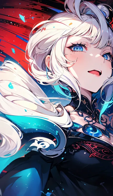 deathblood,night, dark, (Fantasy),Infinite,deep blue sky,((masterpiece)), (((best quality))),((beautiful detailed eyes)),(eyelash),(1 girl),white hair,long hair, abyss eyes, Shiny skin, small breast, Wearing Rags of cloth, Tzeentch,elf,extremely detailed C...