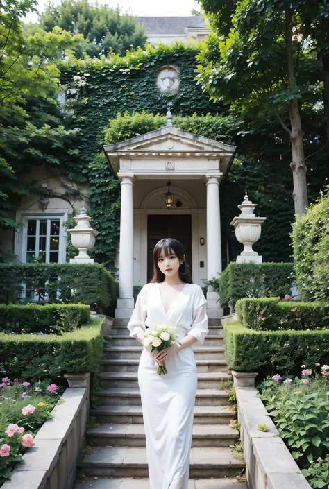 A large, luxurious, classic mansion with the main colors being blue and white. The villa's garden is planted with many colorful flowers. anime style1girl, 