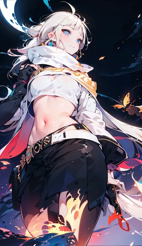 very long black scarf, night, dark, (Fantasy),Infinite, deep blue sky, ((masterpiece)), (((best quality))),((beautiful detailed eyes)),(eyelash), (1 girl), white hair, long hair, abyss eyes, Shiny skin, small breast, Wearing Rags of cloth, Tzeentch,elf, ex...