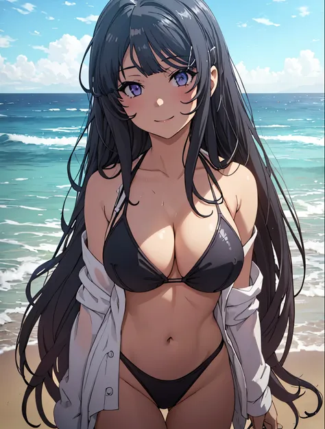 Masterpiece, best quality, highres, highly detailed, 1 girl, long hair, waist-length black hair that has bangs hanging on the left side with a bunny-shaped barrette in the back, blue-purplish eyes, large breast, white bikini, revealing cleavage, nipple per...