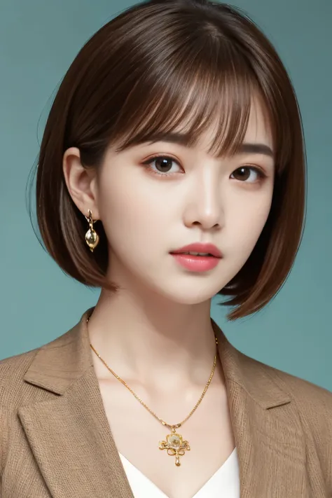 RAW Photos, High resolution, Very detailed, Intricate details, 、ear piercing、、short hair、 pale brown hair、Expressionless、 Office Lady Suits 、Necklace around the neck、, The background is the office
