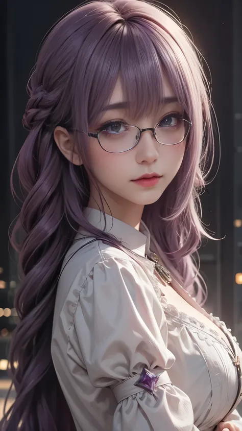 background（Black Night Sky，Big Moon），Woman close up，Wearing a white shirt、Purple Hair，Very long hair，very thick braids，Purple eyes，big ， realistic girl rendering, 8k artistic german bokeh, Enchanting girl, Realistic girl, Gurwitz, Gurwitz-style artwork, Gi...