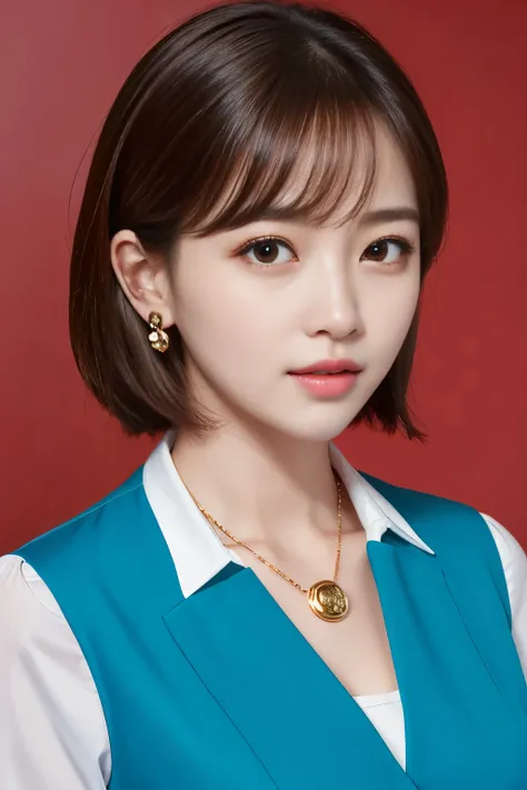 RAW Photos, High resolution, Very detailed, Intricate details, 、ear piercing、、short hair、 Hair、Expressionless、 Office Lady Suits 、Necklace around the neck、, The background is the office
