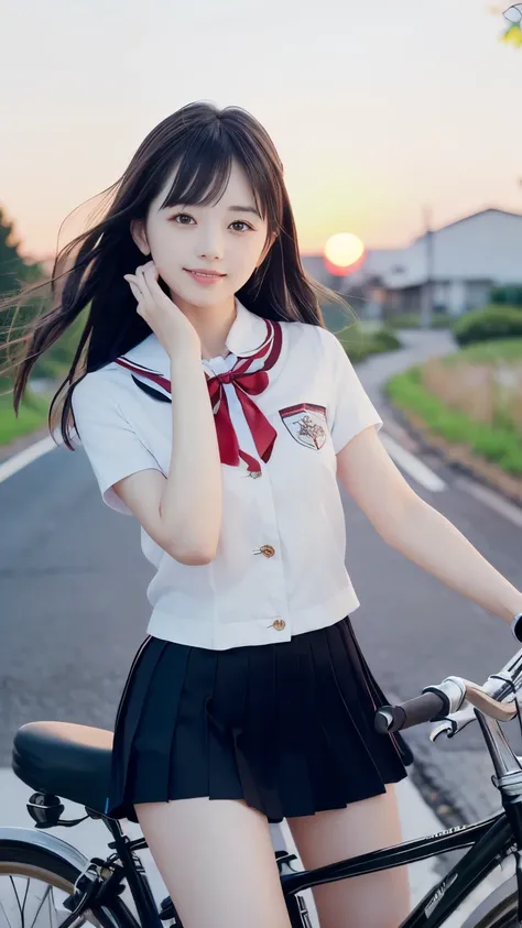 (Close up face shot of one slender small breasts two side up black medium hair bangs girl in short sleeves white school uniform and black skirt with small smile:1.5)、(One girl is riding bicycle on the rural town road in Japan:1.5)、(Beautiful sunset red sky...