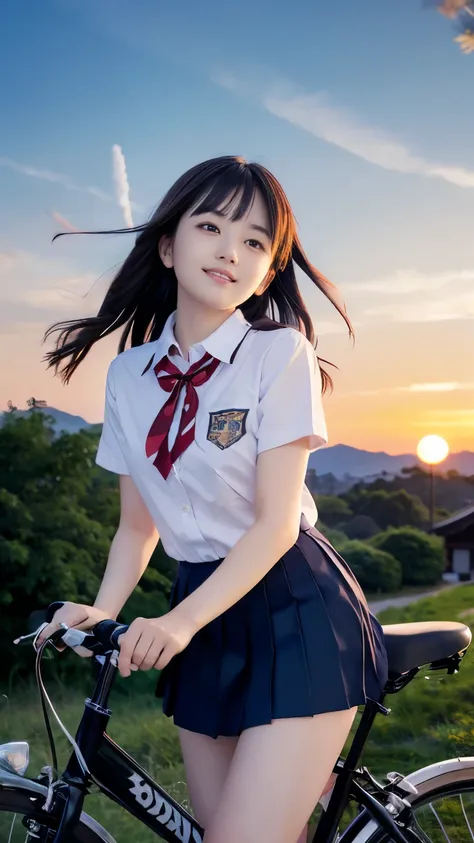 (Close up face shot of one slender small breasts two side up black medium hair bangs girl in short sleeves white school uniform and black skirt with small smile:1.5)、(One girl is riding bicycle on the rural town road in Japan:1.5)、(Beautiful sunset red sky...