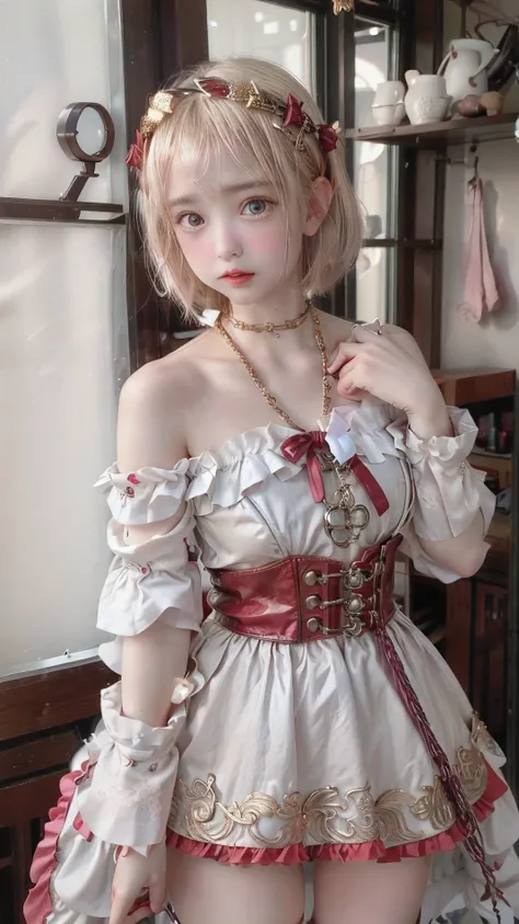 off-the-shoulder steampunk lolita、 platinum blonde hair、short bob、round face、 Dark Blue Eyes 、 big eyes、 sagitales、 opens her mouth slightly and laughs。Luxurious Metallic Red Gold and Leather Purple Super Mini Steampunk Lolita Dress、Skirt with Lots of Whit...