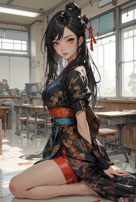 (score_9, score_8_up, score_7_up, extremely detailed), BREAK breath-takingly beautiful Japanese woman with long, silky black hair, wearing a modern kimono and printed panties. She has a radiant smile, stunning facial and eye details, and a confident, grace...