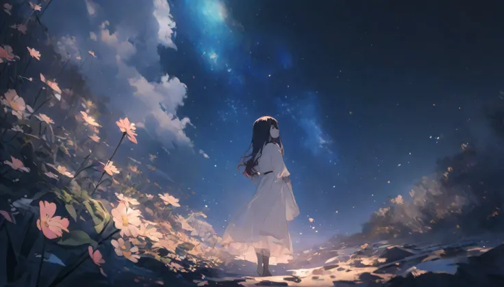 An emotional scene 、A girl looks up sadly at the starry sky、spring、full body