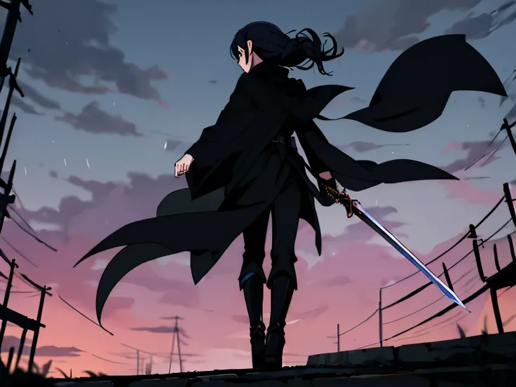  anime style、night、 one woman（ back view、 Wear a Black Cloak 、My hair is fluttering、black slim pants、long boots）、Carrying a sword