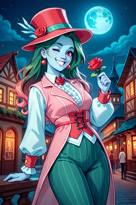 triton, solo, female, blue skin, green hair, freckles, ((wearing an oversized pink silk top hat, red rose hat decoration)), (wearing a pink vest with a ruffled colonial white shirt underneath), (red ruffled cravat),  top hat fit snuggly, ((wearing green pi...