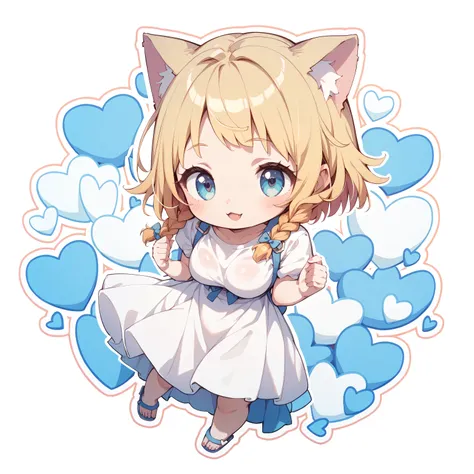 Cat ears、bob cut blonde hair、 braids on both sides、big breasts、 little character、white heart dress、