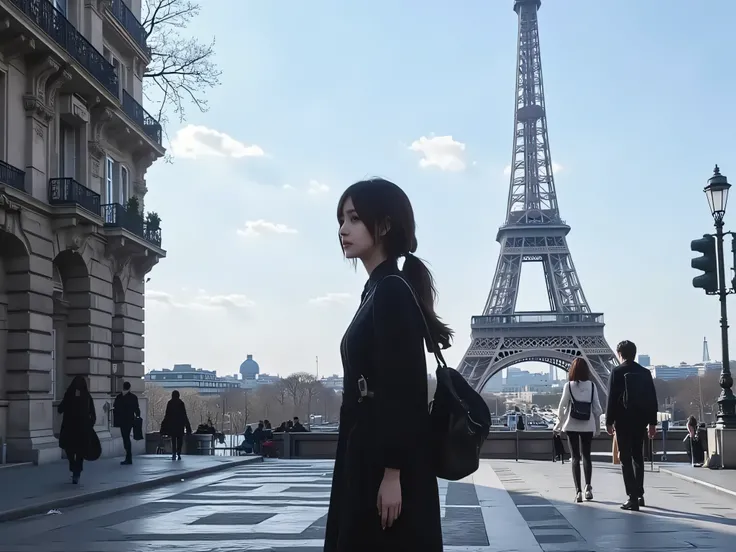 A beautiful Japanese student,Walking on the streets of the Iron Tower of Paris,front face, Modern Clothing