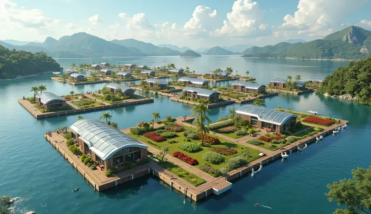 A huge sustainbility floating town, there are peoples feed cattle farms, goat farms, chicken farms, pig farms, with thair own fence each raft, connected together like big white raft, there are vegetables an fruits gardens beside, and designed shape house w...