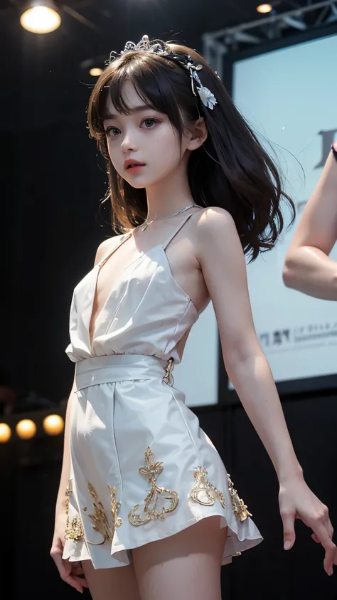 ( masterpiece、  TOP QUALITY 、    Super Detailed Instructions 、 Ultra High Definition)、  petite girl、   Delicate Figure  、 alone、(( flat chested))、 cute、  idol&#39;Face、Half Smile  、( REAL SKIN:1.2)、(( jet black background ))、(   blurry background  :1.3)、sh...