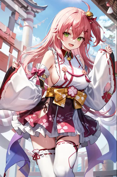 masterpiece, best quality, highres, miko1, sakura_miko, 1girl, big_boobs, solo, ahoge, x_hair_ornament, light_red_hair, floral print, hairclip,(side_less_clothes:1.5), (side_boobs:1.5), hair_bell, floral print, long_hair, hair between eyes, one side up, wh...