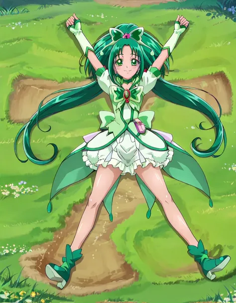 cure mint, anime screencap, shiny skin, high quality, solo, on grass, lying, on back, arms up, spread legs, closed mouth, full body, looking at viewer, smile, best quality