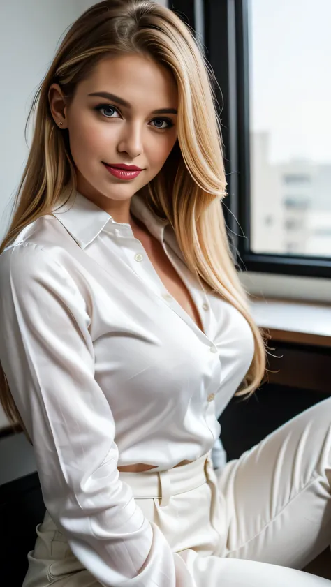 Beautiful close up portrait of very sexy extremely fair Caucasian model sitting in an office, perfect medium breasts:1.2, medium long Brunette blonde hair, ((wearing white silk shirt and pants)), random poses, smiling at viewer, gorgeous girl, perfect face...