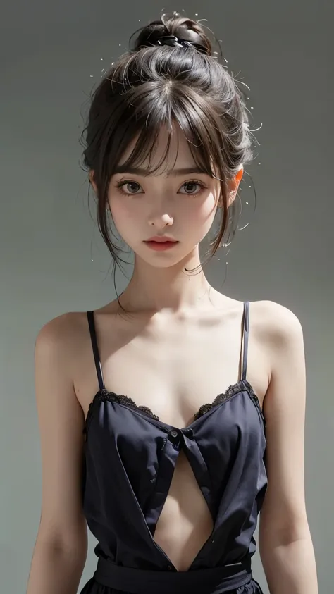 ( masterpiece、  TOP QUALITY 、    Super Detailed Instructions 、 超high definition)、  petite girl、   Delicate Figure  、 alone、(( flat chested))、 cute、  idol&#39;Face、Half Smile  、( REAL SKIN:1.2)、(( jet black background )),( blurry background  :1.3)、sheer lac...