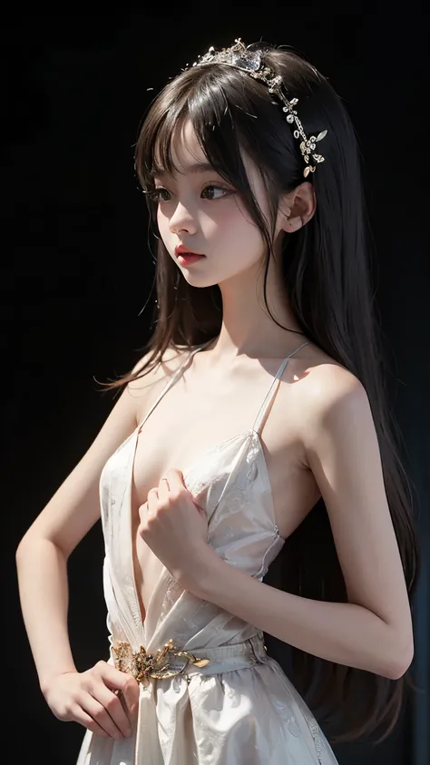 ( masterpiece、  TOP QUALITY 、    Super Detailed Instructions 、 超high definition)、  petite girl、   Delicate Figure  、 alone、(( flat chested))、 cute、  idol&#39;Face、Half Smile  、( REAL SKIN:1.2)、(( jet black background )),( blurry background  :1.3)、sheer lac...