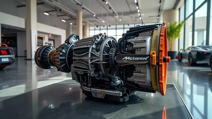 A high-resolution ultra HD 8K close-up image of the McLaren 765LT’s seven-speed dual-clutch transmission, showcasing the intricate mechanics of the high-performance gearbox inside a modern showroom.  
