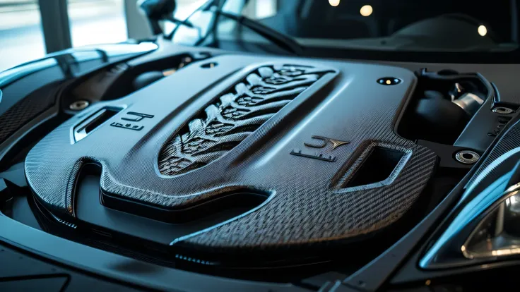 A high-resolution ultra HD 8K shot of a McLaren 765LT’s detailed carbon fiber engine cover, reflecting the showroom lights in a highly polished setting.  
