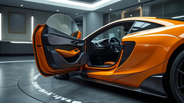 A high-resolution ultra HD 8K image of a McLaren 765LT’s carbon fiber door panel, highlighting the lightweight materials and performance-focused design inside a futuristic showroom.  
