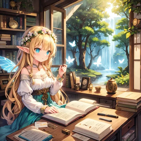 A beautifully detailed fantasy anime-style illustration of a young elf girl with long, flowing blonde hair and blue eyes, sitting at a rustic wooden desk in a cozy, sunlit cabin. She wears a medieval-style white and green dress with lace and ribbon details...