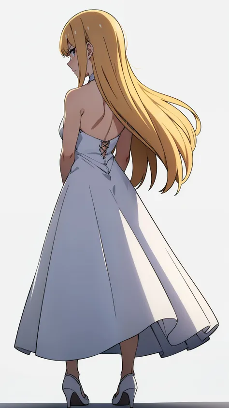 (1girl,20 years old,mature female),blonde hair,long hair,white dress, sleeveless, bare shoulders,angry,((white background, simple background), from back, from behind,looking at viewer, full body, white heels, crossed arms