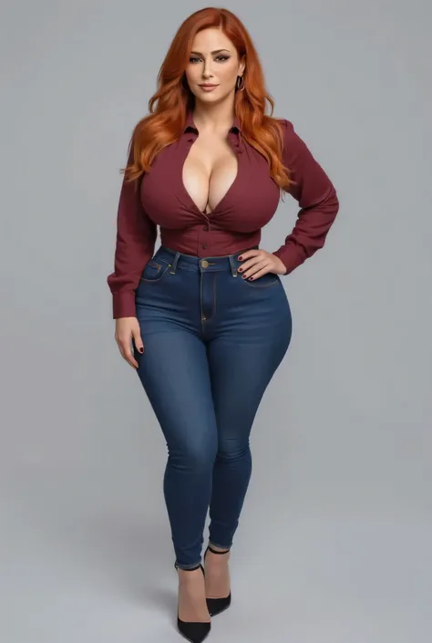 ((Full body)), front view,  makeup,   red wavy hair, bigboobs, ((blouse, jeans,  high heels, high heels, ((( curvy body, wide hips))) )), plain background
