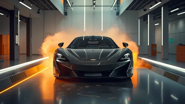 A cinematic ultra HD 8K image capturing the moment a McLaren 765LT’s engine is fired up in a showroom, with subtle vibrations and light reflections.  
