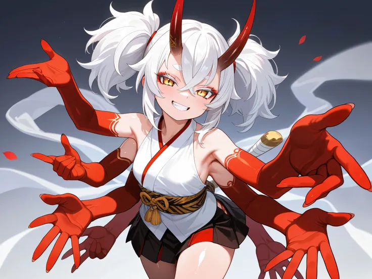 Masterpiece, detailed, high resolution illustration, 1 girl, Small breasts, long horns, bright skin, horns, oni, mesugaki, white hair, crossed bangs, twintails, white eyelashes, white eyebrows, red eyeshadow, medium hair, shiny skin, gold eyes, japanese cl...