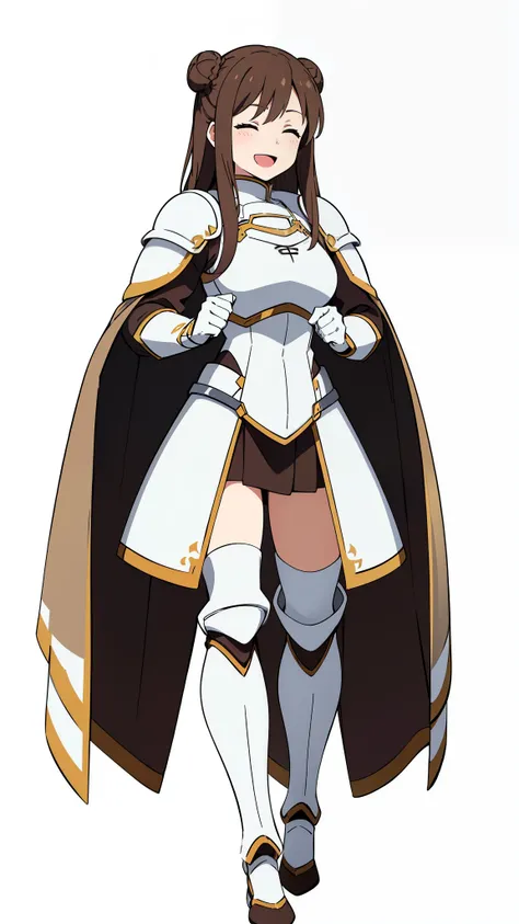 (1girl,20 years old,mature female),brown hair,long hair,white armor knight,smile, open mouth, closed eyes,((white background, simple background),walking,full body, Double bun, hands behind the head