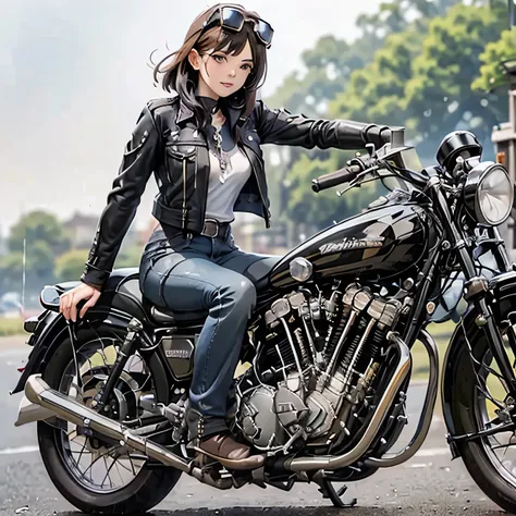 Bluff Superior SS100、(クラシックRiding on motorcycle )、(Vintage Bikes、Bluff Superior SS100)、Isle of Man Races、 (Riding on motorcycle:1.2), Beautiful young woman、18-year-old、Beautiful Face, Beautiful delicate eyes, Black Hair, Short Bob Hair,  Classic Leather Ja...